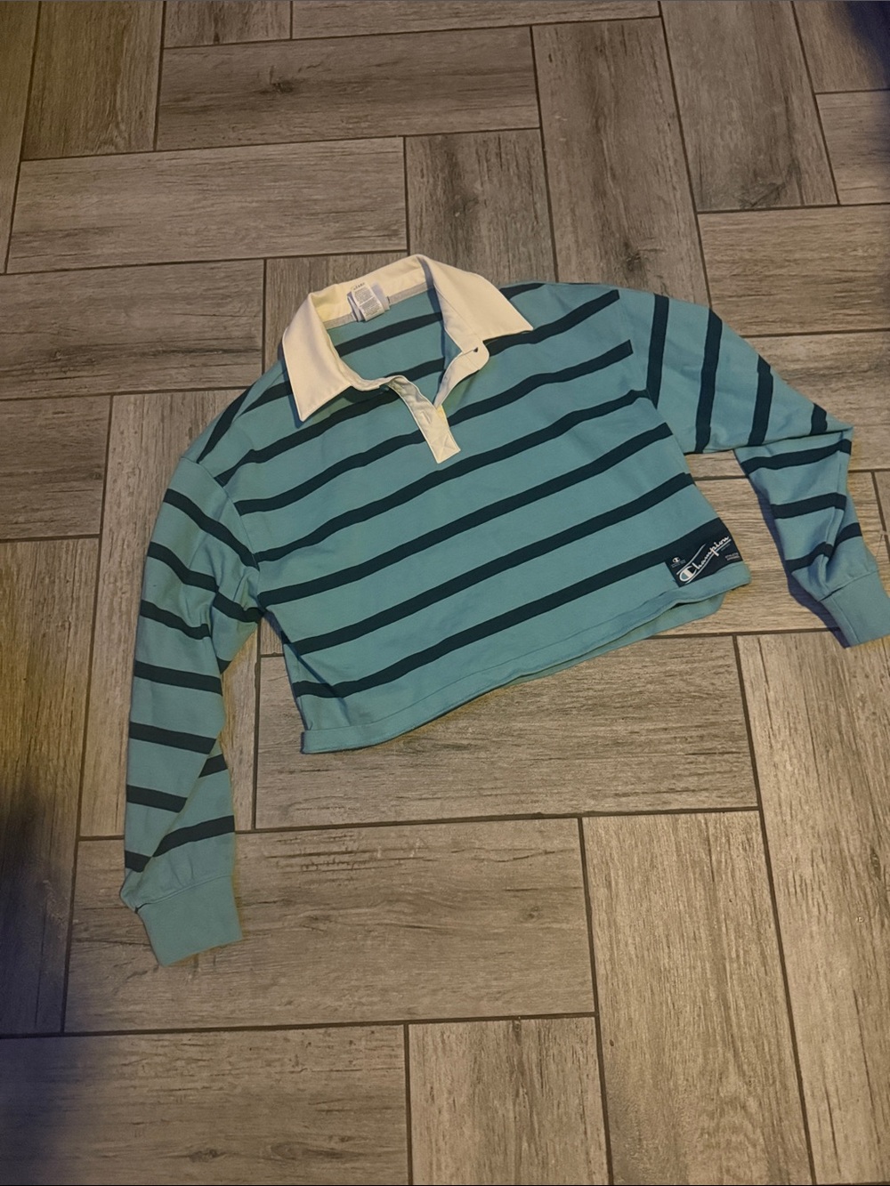 Champion Cropped Striped Rugby Sweater - Teal & Black with Cream Collar